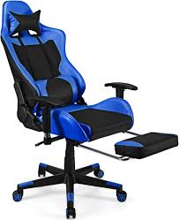 COSTWAY Ergonomique D'Ordinateur avec Repose Pieds et Accoudoirs - Siège Gaming Bleu